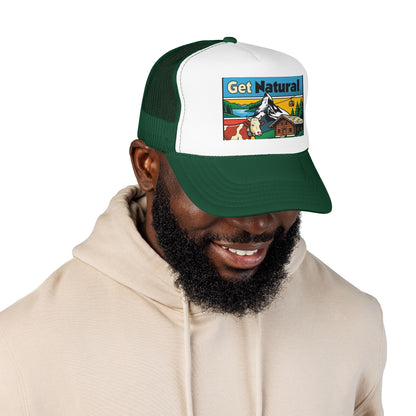 Green and white trucker hat with front logo patch, curved brim and mesh back