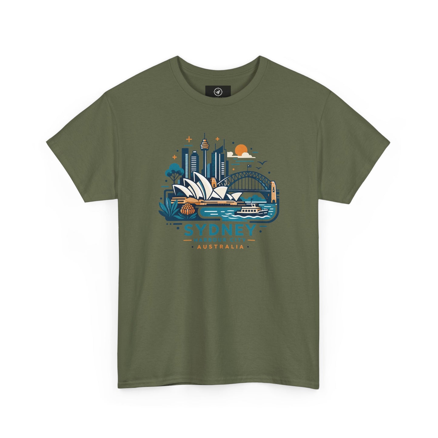 Forest green Sydney harbor city graphic T-shirt, short-sleeve crew neck