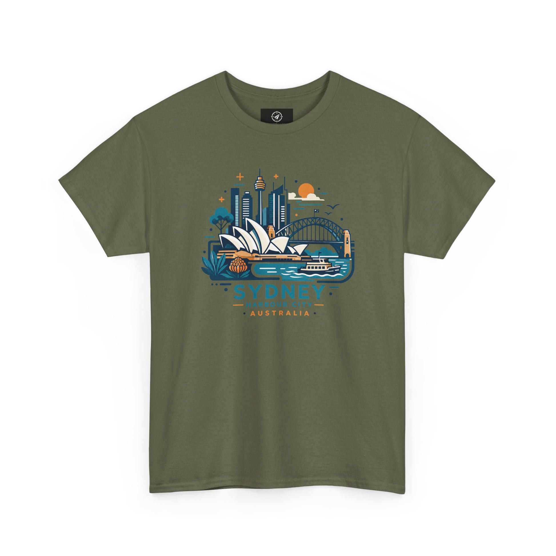 Forest green Sydney harbor city graphic T-shirt, short-sleeve crew neck
