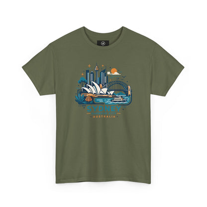 Forest green Sydney harbor city graphic T-shirt, short-sleeve crew neck