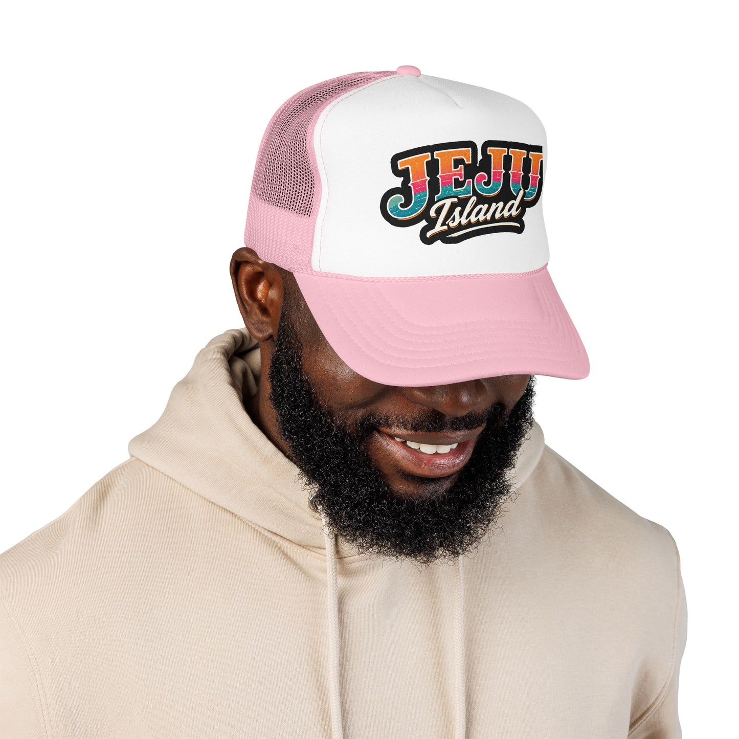 Foam trucker hat, light pink and white mesh with Jeju Island logo on model