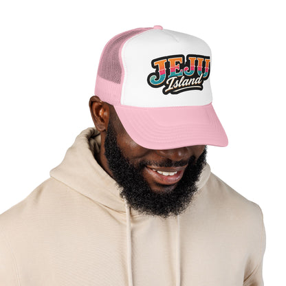 Foam trucker hat, light pink and white mesh with Jeju Island logo on model