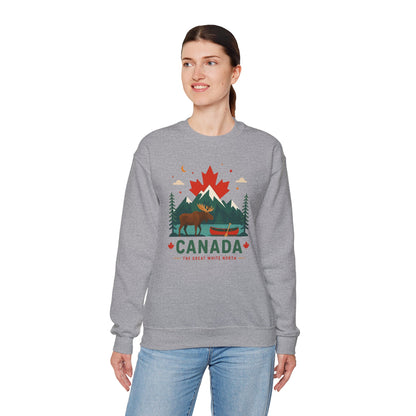Sport gray crewneck sweatshirt with Canada graphic and canoe scene, worn by model
