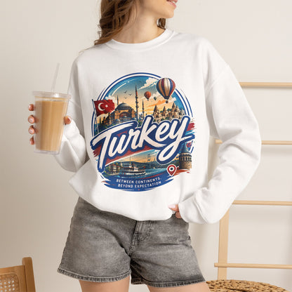 White crewneck sweatshirt with large “Turkey” graphic and text beneath, long sleeves