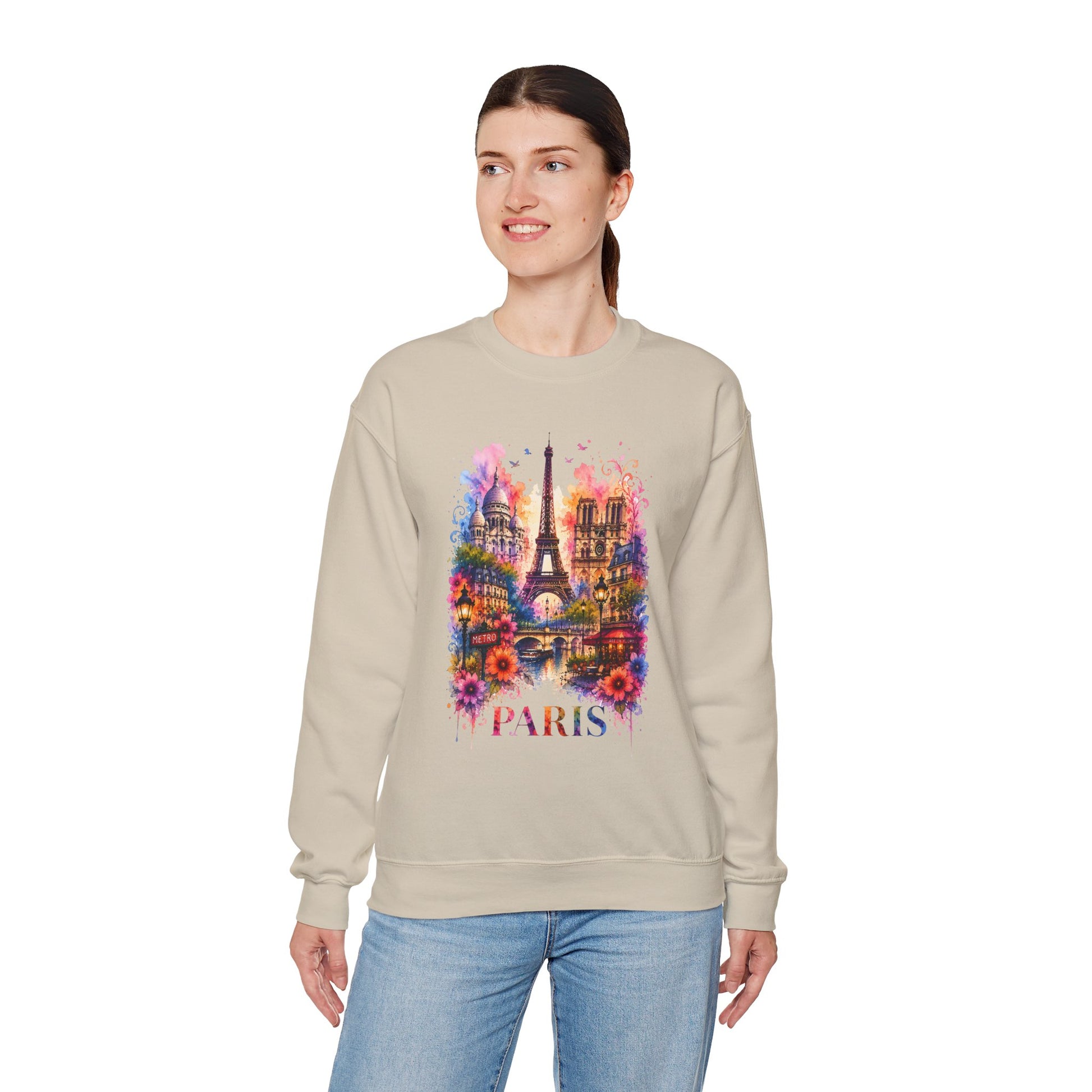 Sand crewneck sweatshirt with watercolor Eiffel Tower and floral graphic, PARIS text