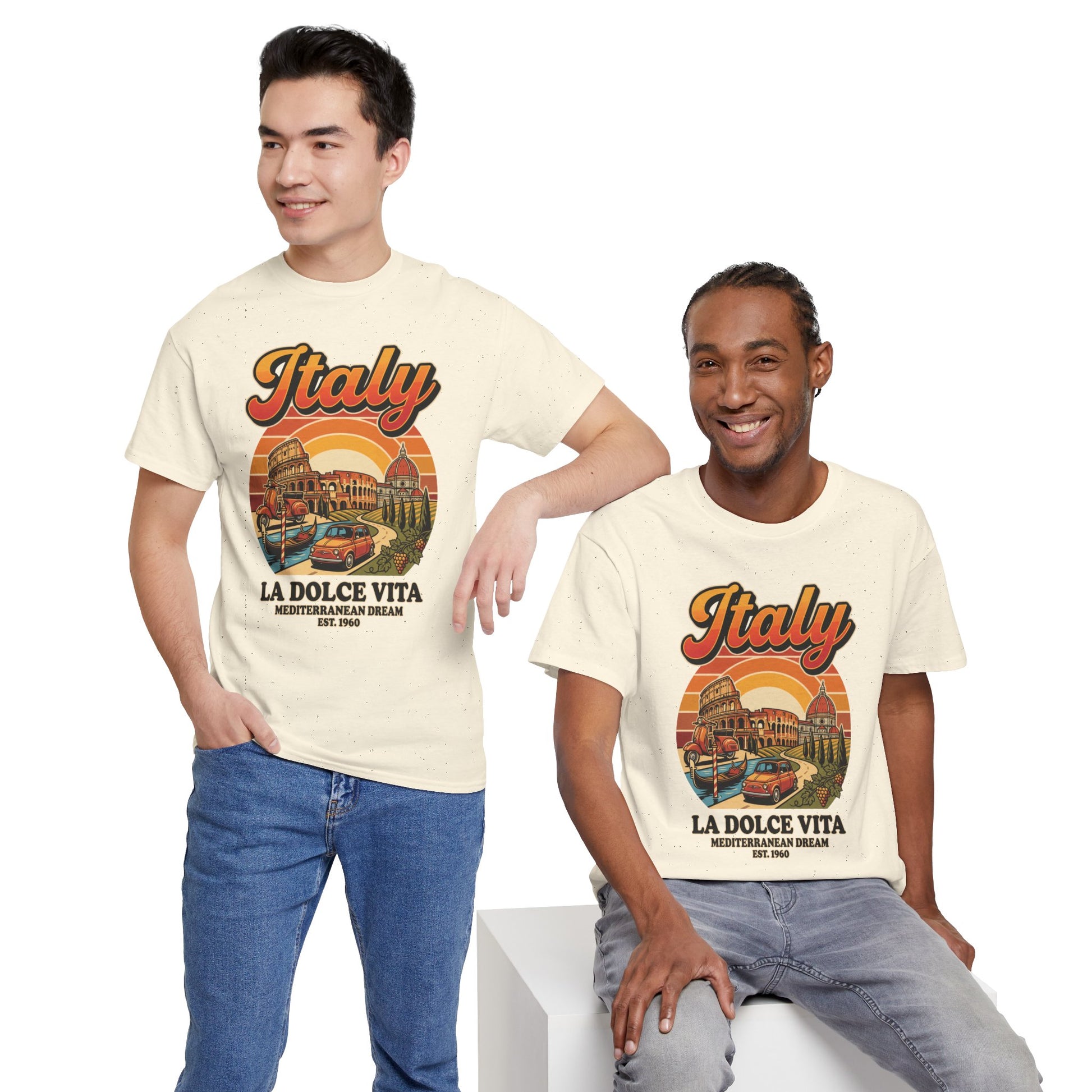 Cream T-shirt with front Italy and La Dolce Vita graphic, crew neck, short sleeves