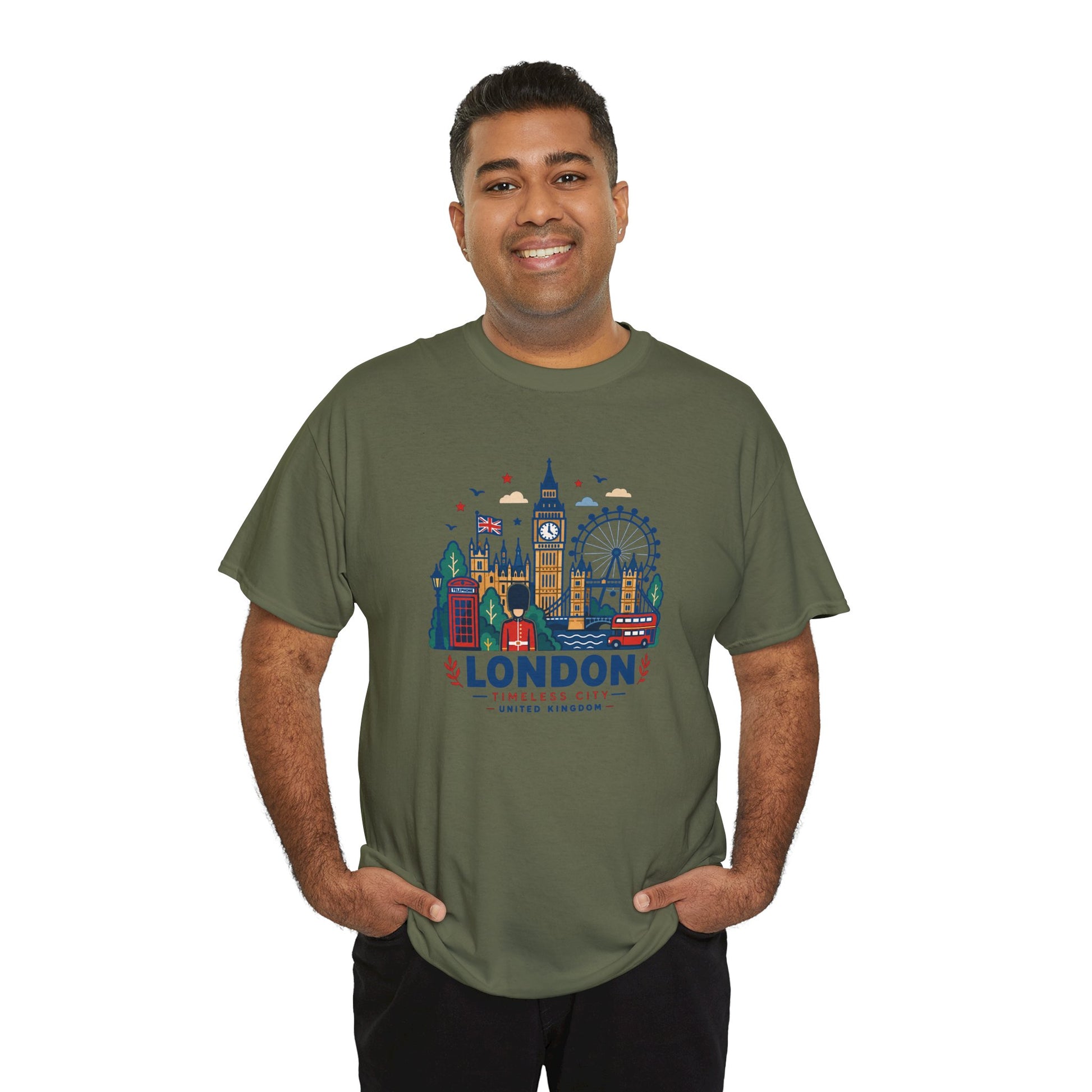 Olive green London skyline T-shirt with colorful city graphic on the chest