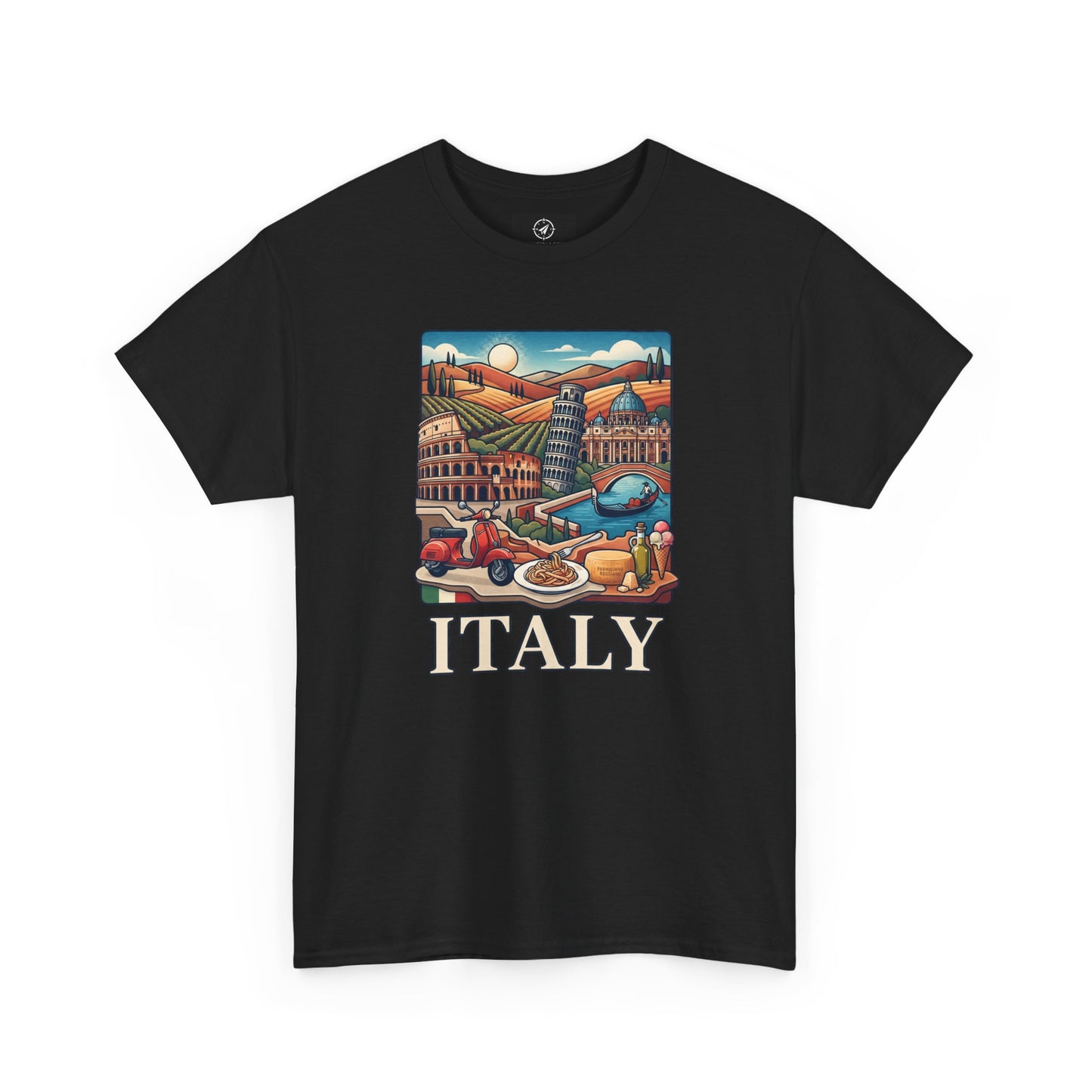 Black short-sleeve crewneck graphic T-shirt with Italy scene and large “ITALY” text