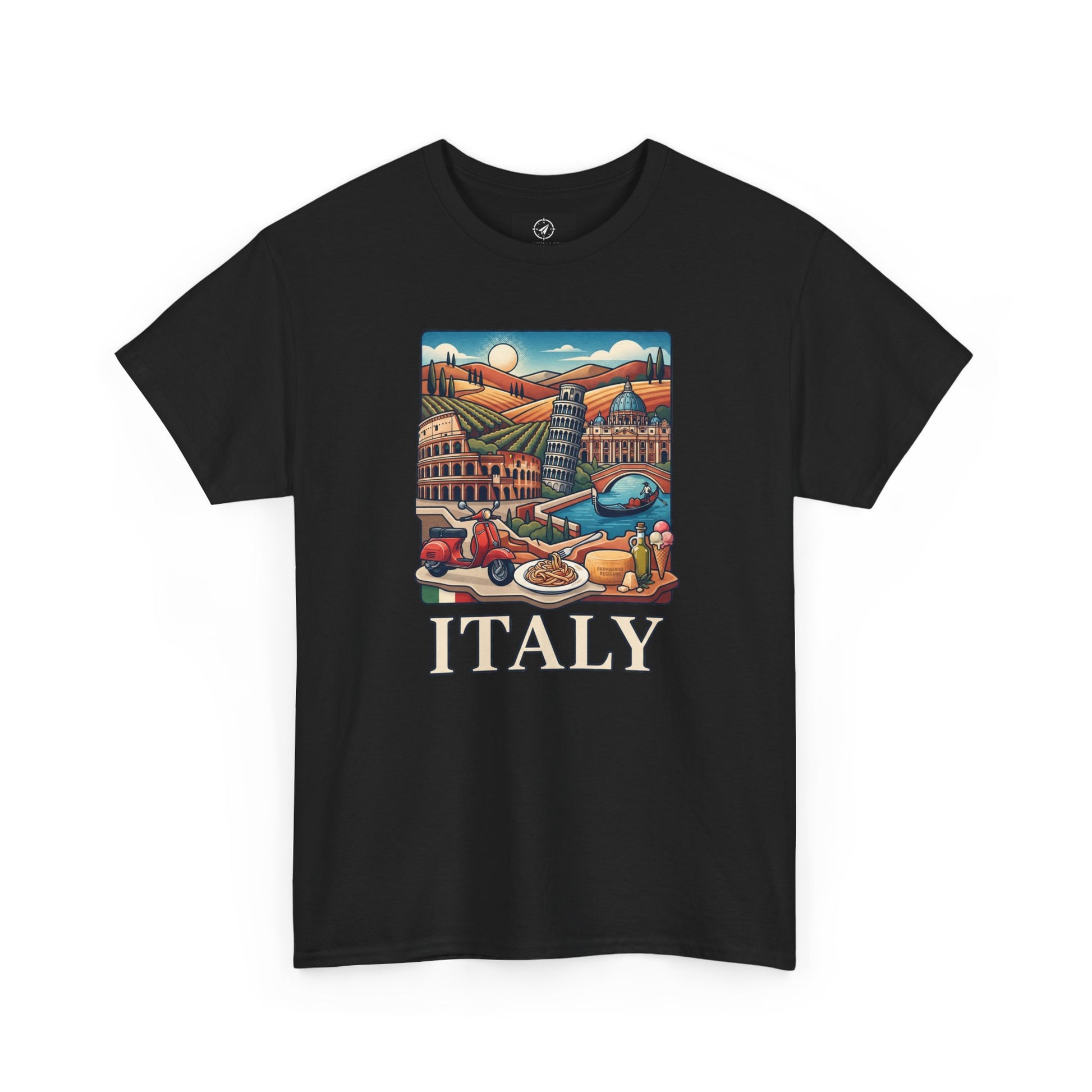 Black short-sleeve crewneck graphic T-shirt with Italy scene and large “ITALY” text