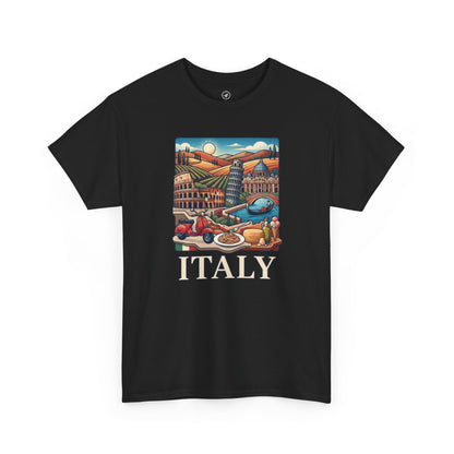 Black short-sleeve crewneck graphic T-shirt with Italy scene and large “ITALY” text