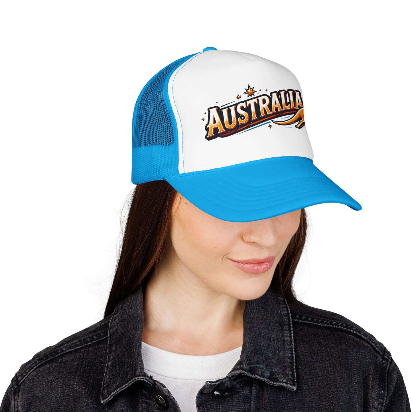 Trucker hat with white front, bright blue mesh sides, and light blue curved bill