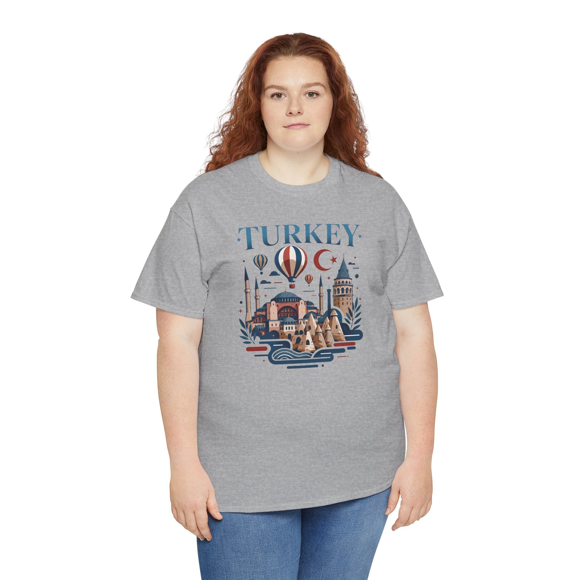 Heather gray T-shirt with blue Turkey graphic, short-sleeve crew neck