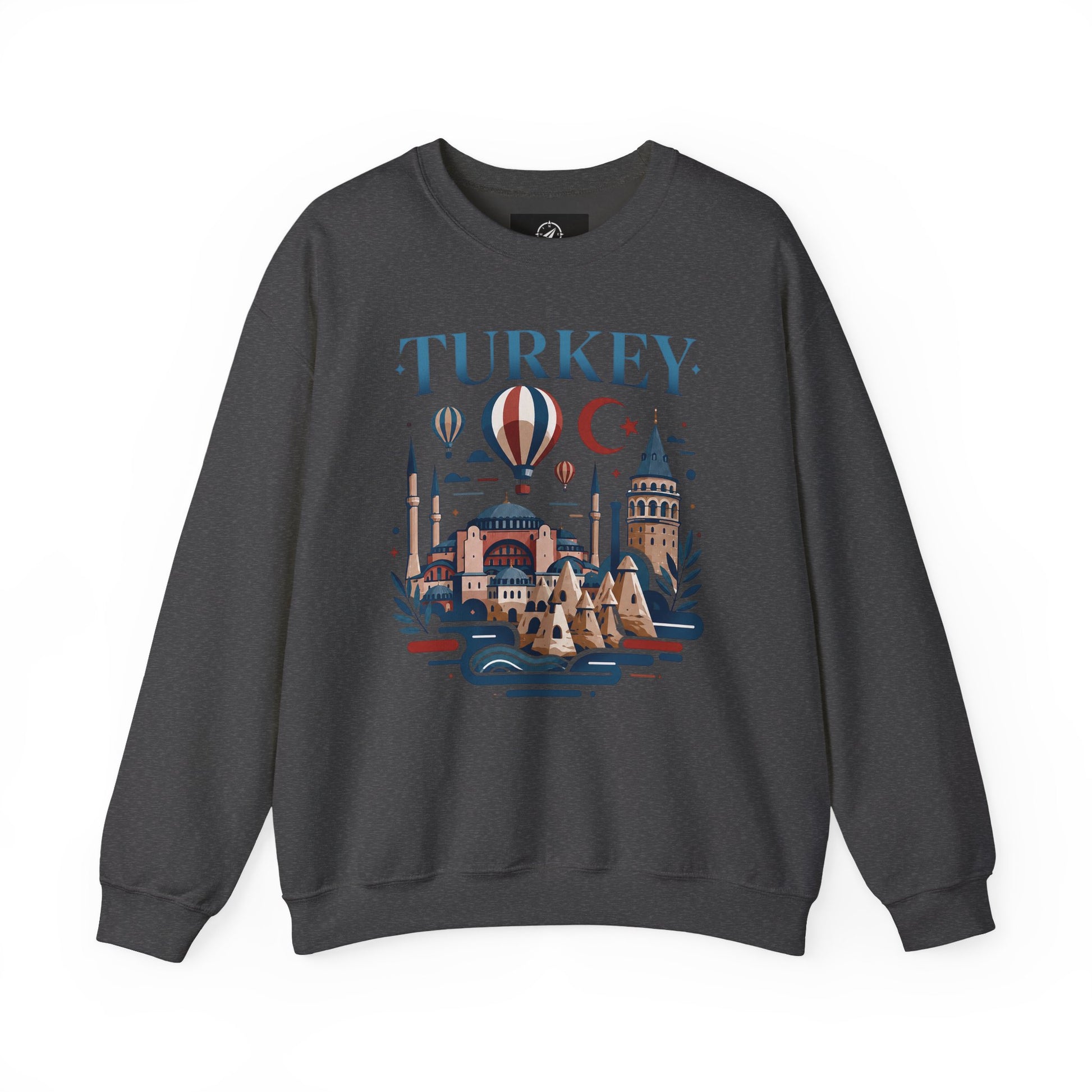 Dark gray crewneck sweatshirt with colorful Turkey skyline graphic on the front.