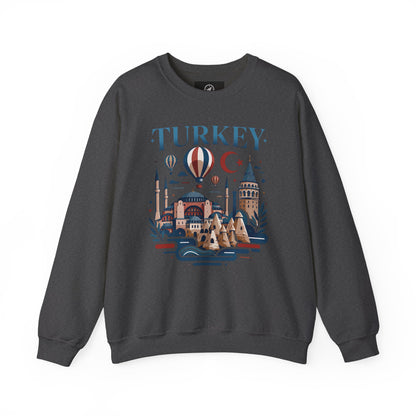 Dark gray crewneck sweatshirt with colorful Turkey skyline graphic on the front.
