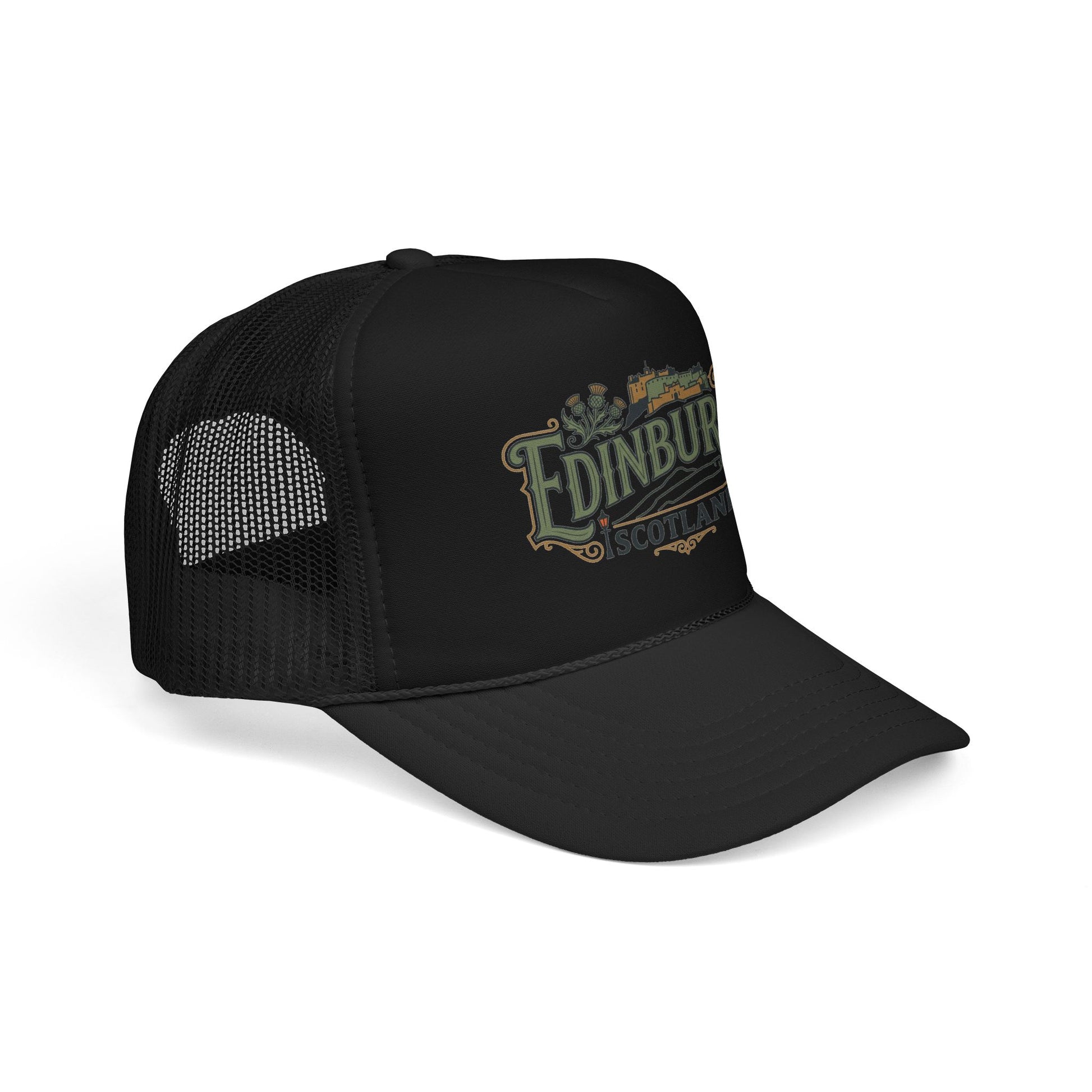 Black mesh trucker hat with embroidered Edinburgh logo and adjustable snapback.