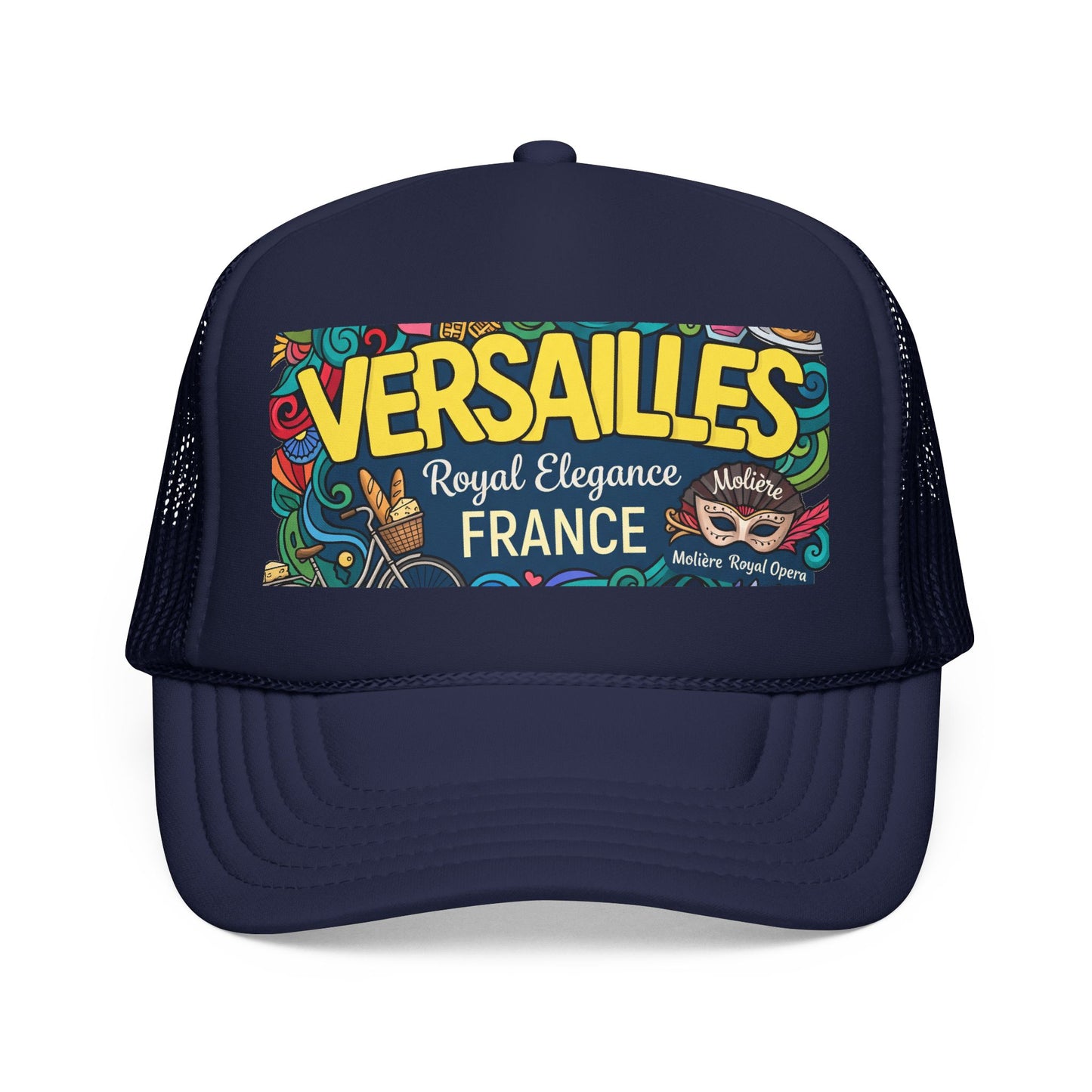 Dark navy trucker hat with mesh side panels and colorful 'Versailles France' front patch