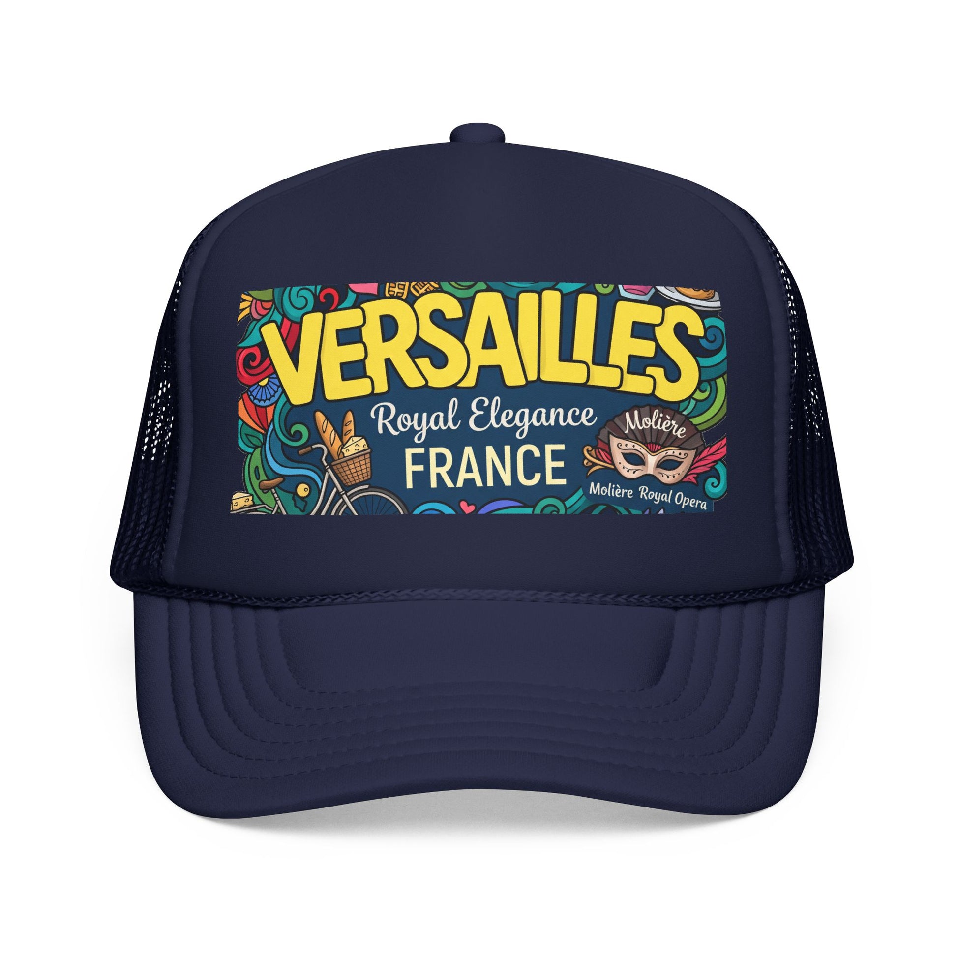 Dark navy trucker hat with mesh side panels and colorful 'Versailles France' front patch