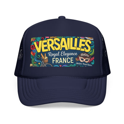 Dark navy trucker hat with mesh side panels and colorful 'Versailles France' front patch