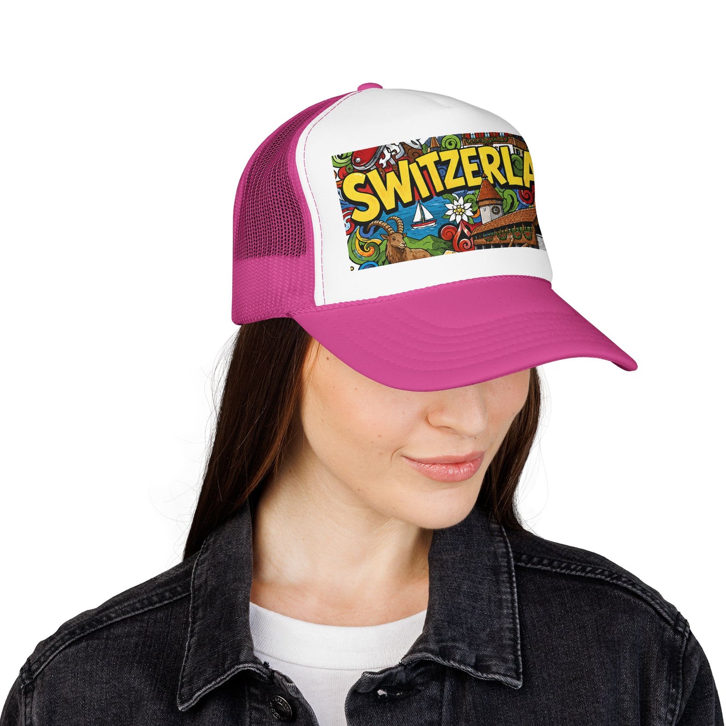 Pink and white trucker hat with colorful Switzerland graphic patch on front, curved brim.