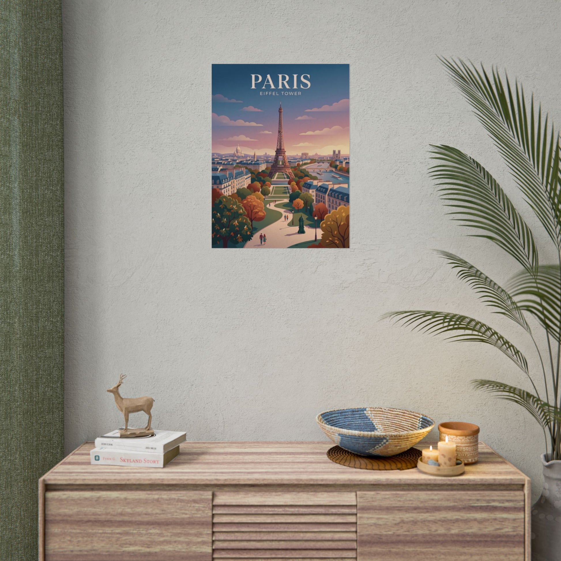 Small Paris Eiffel Tower poster on wall above a wooden console