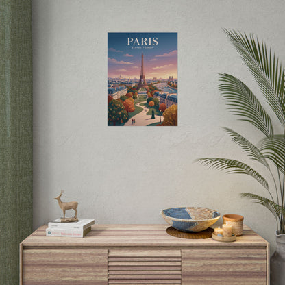 Small Paris Eiffel Tower poster on wall above a wooden console