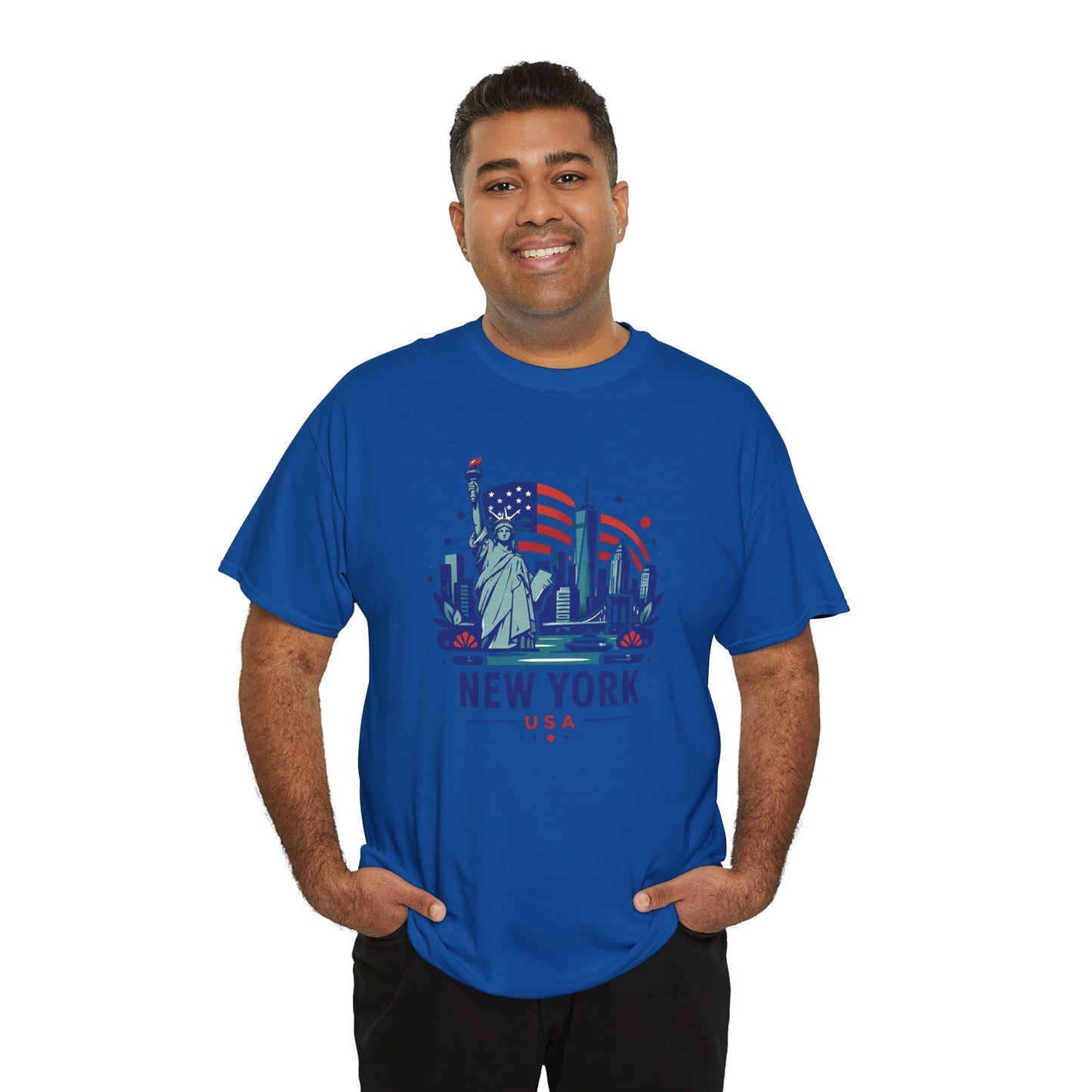 Blue graphic T-shirt with Statue of Liberty and “NEW YORK USA” lettering on front