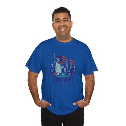 Blue graphic T-shirt with Statue of Liberty and “NEW YORK USA” lettering on front