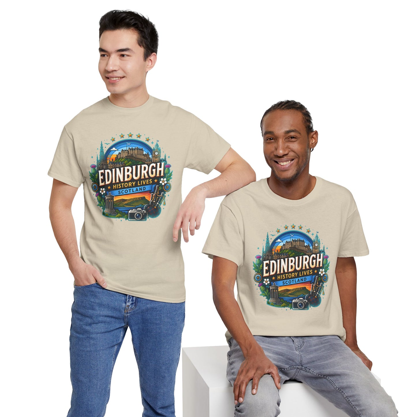 Light tan crew-neck T-shirt with front circular Edinburgh-themed graphic print