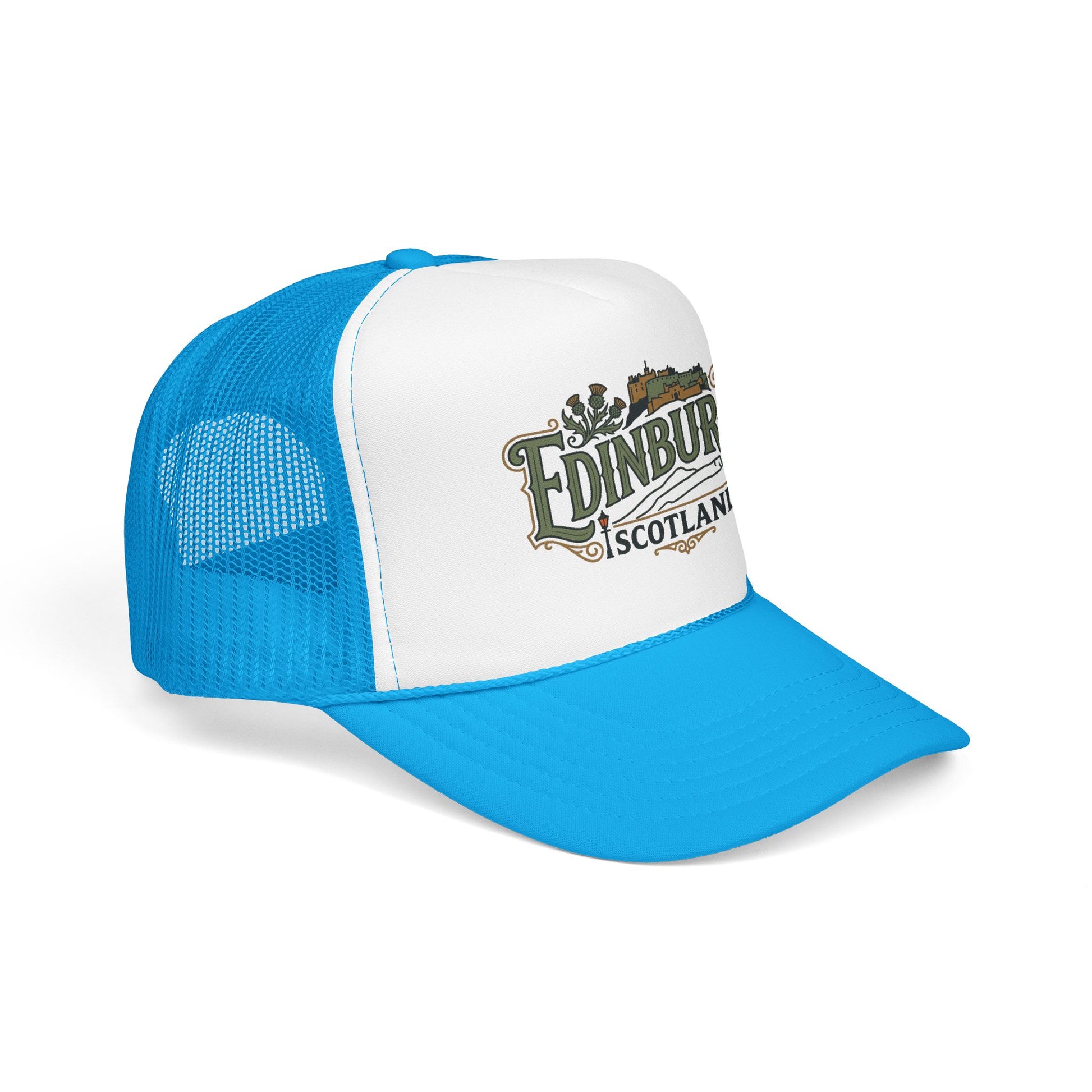 Blue and white trucker hat with mesh back and front “Edinburgh Scotland” logo patch.