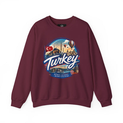 Maroon crewneck sweatshirt with retro “Turkey” graphic on the chest
