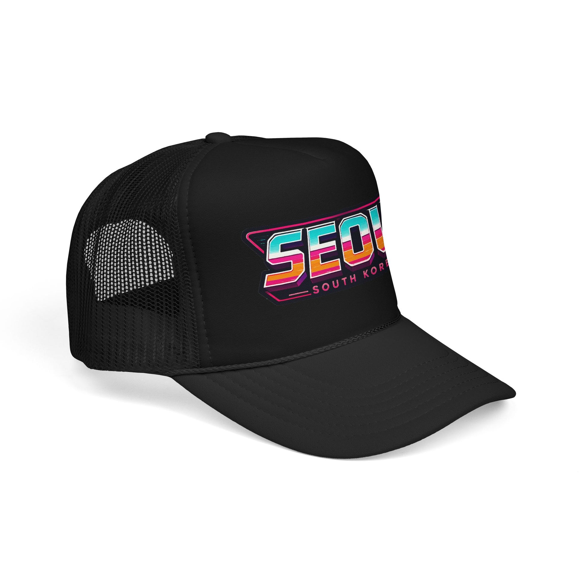 Black mesh trucker hat with embroidered “SEOUL SOUTH KOREA” patch logo