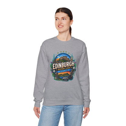 Light heather grey crewneck sweatshirt with colorful Edinburgh graphic print on the chest
