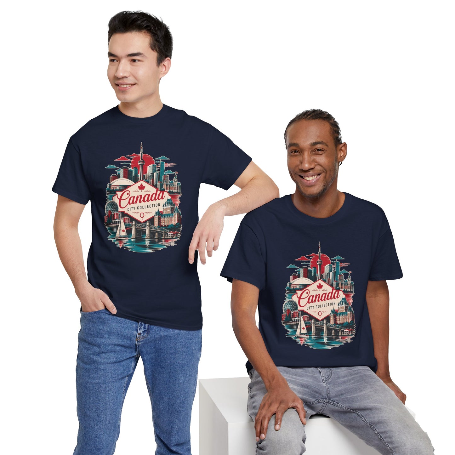 Navy T-shirt with retro Toronto skyline and Canada City Collection front print
