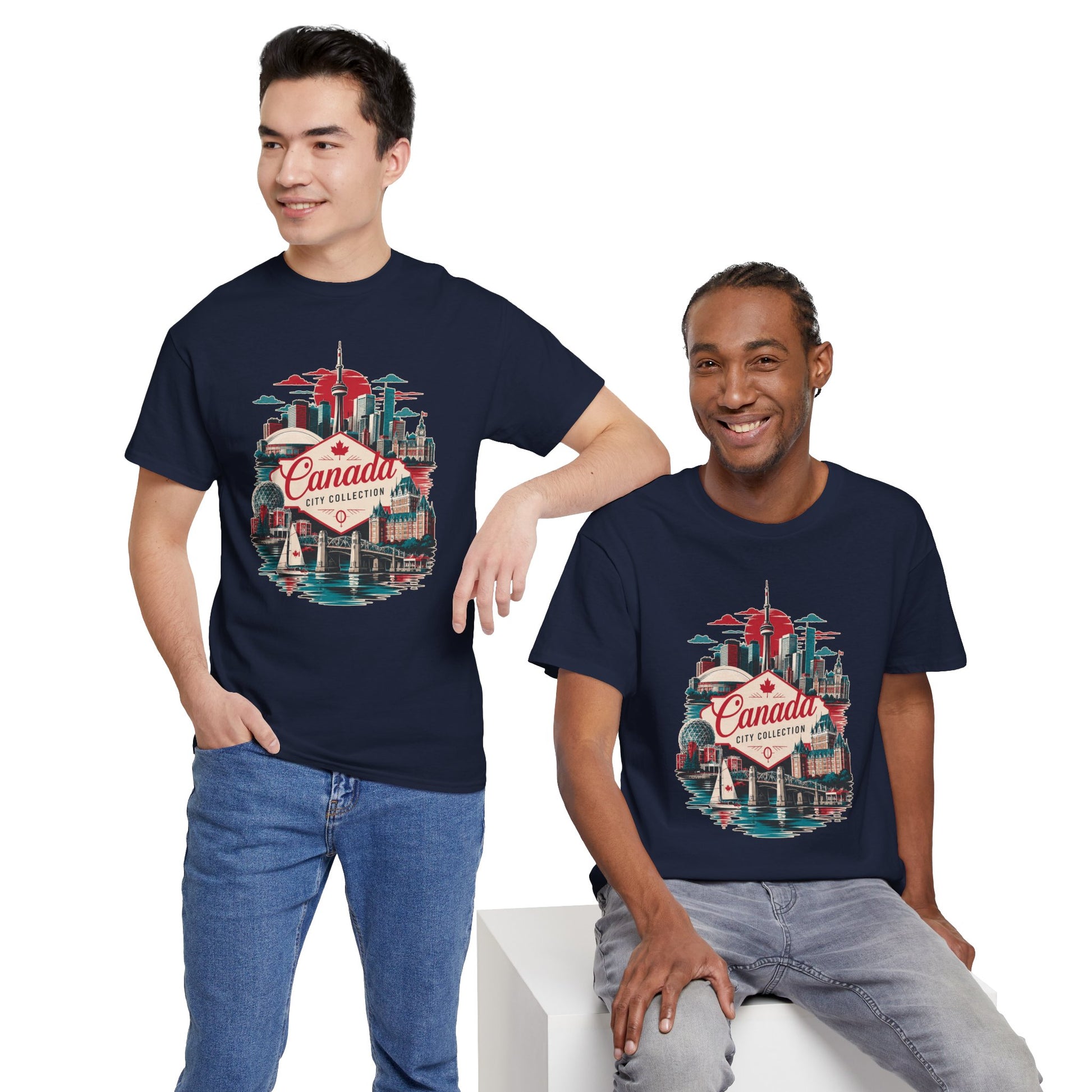 Navy T-shirt with retro Toronto skyline and Canada City Collection front print