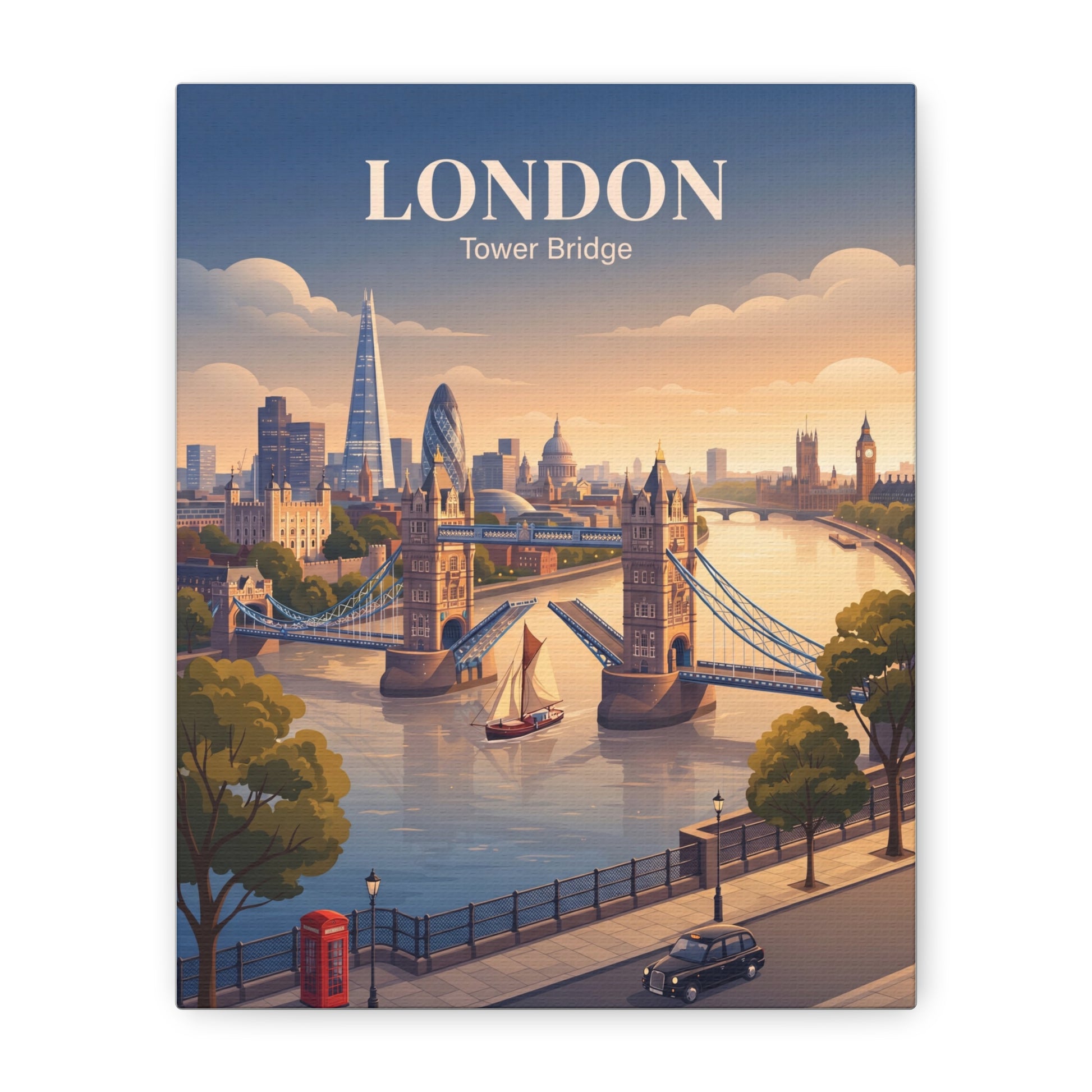 Matte canvas wall art of London Tower Bridge with “LONDON” and “Tower Bridge” text