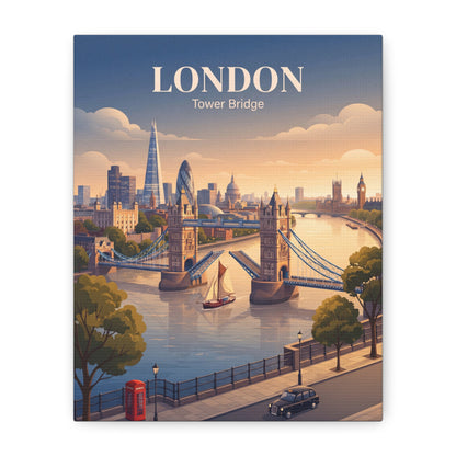 Matte canvas wall art of London Tower Bridge with “LONDON” and “Tower Bridge” text