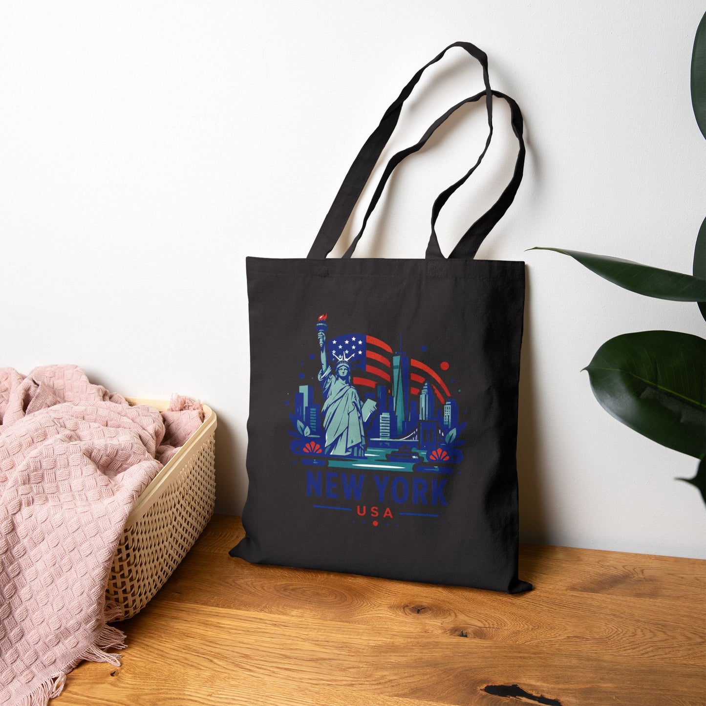 Black cotton canvas tote bag with Statue of Liberty and 'NEW YORK USA' print