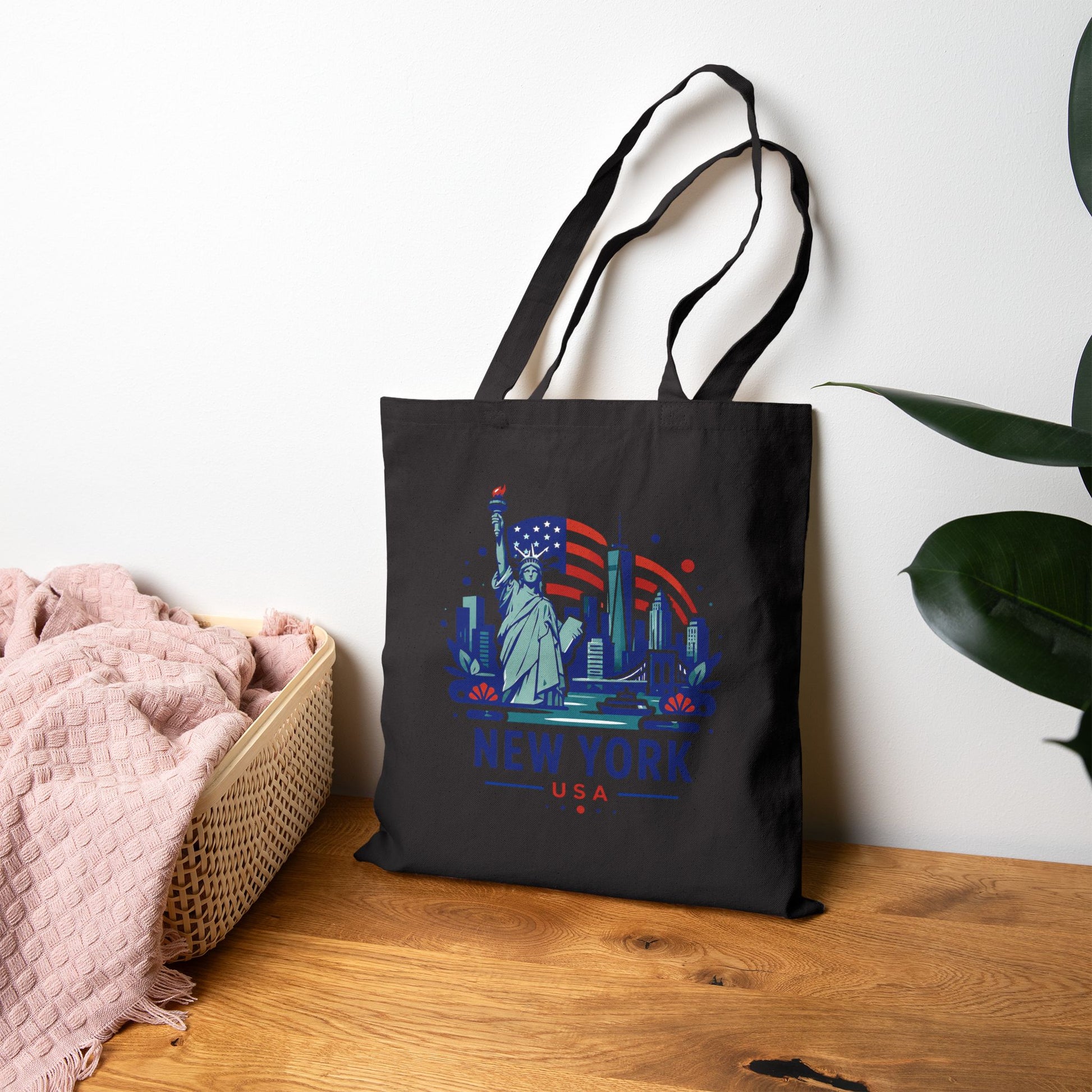 Black cotton canvas tote bag with Statue of Liberty and 'NEW YORK USA' print