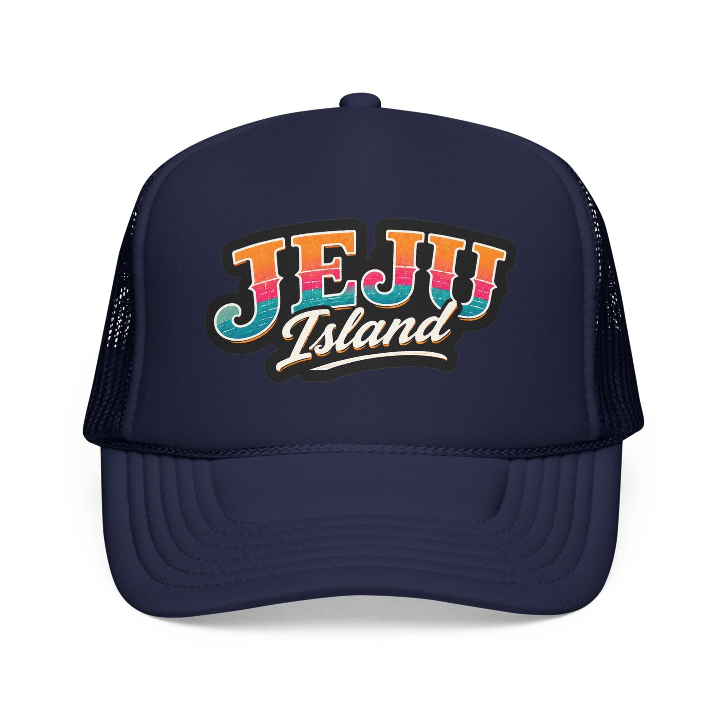 Dark navy foam trucker cap with 'JEJU Island' logo and curved brim