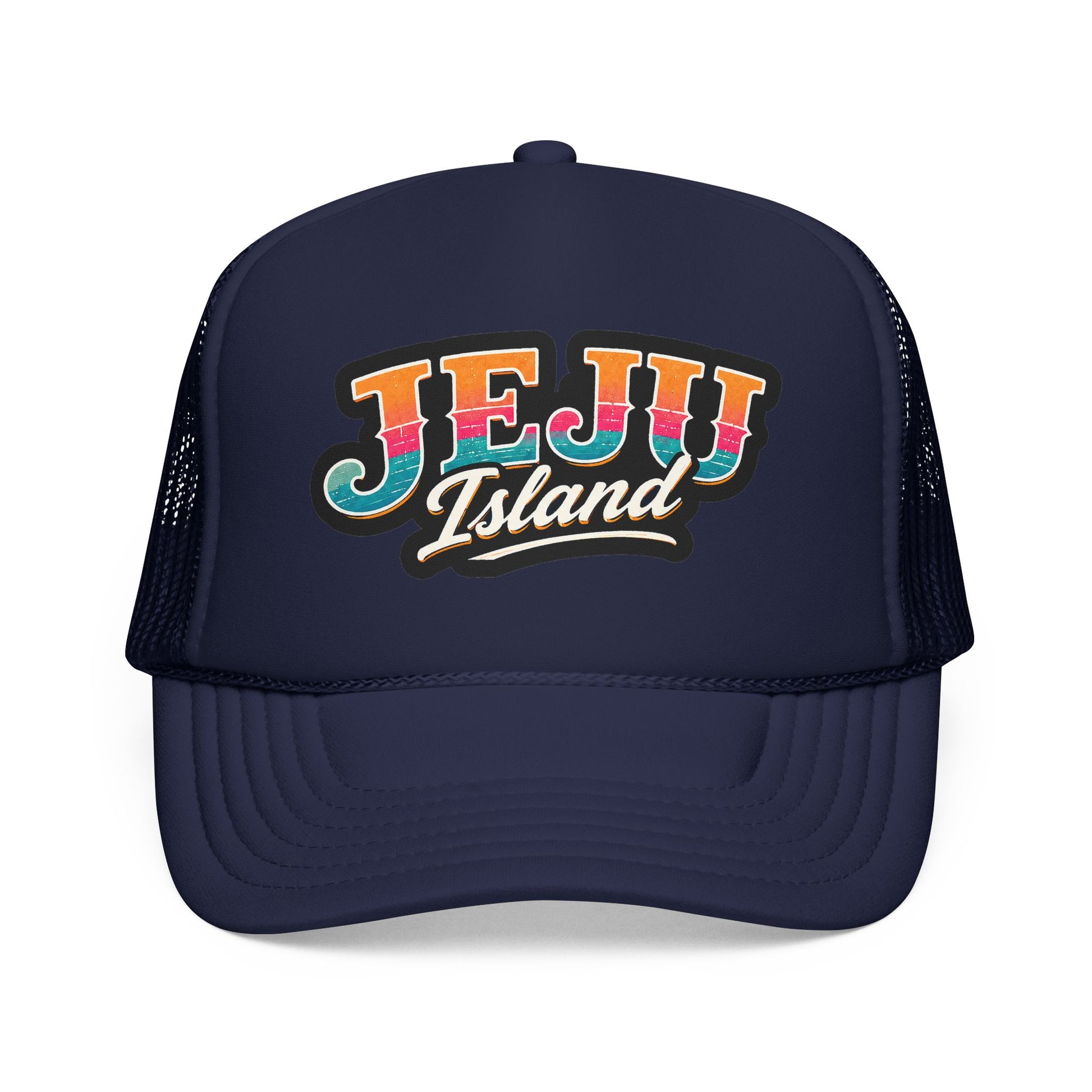 Dark navy foam trucker cap with 'JEJU Island' logo and curved brim