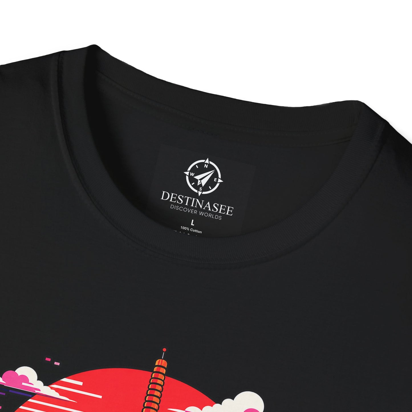 Black T-shirt neckline with small logo tag detail above the chest graphic.
