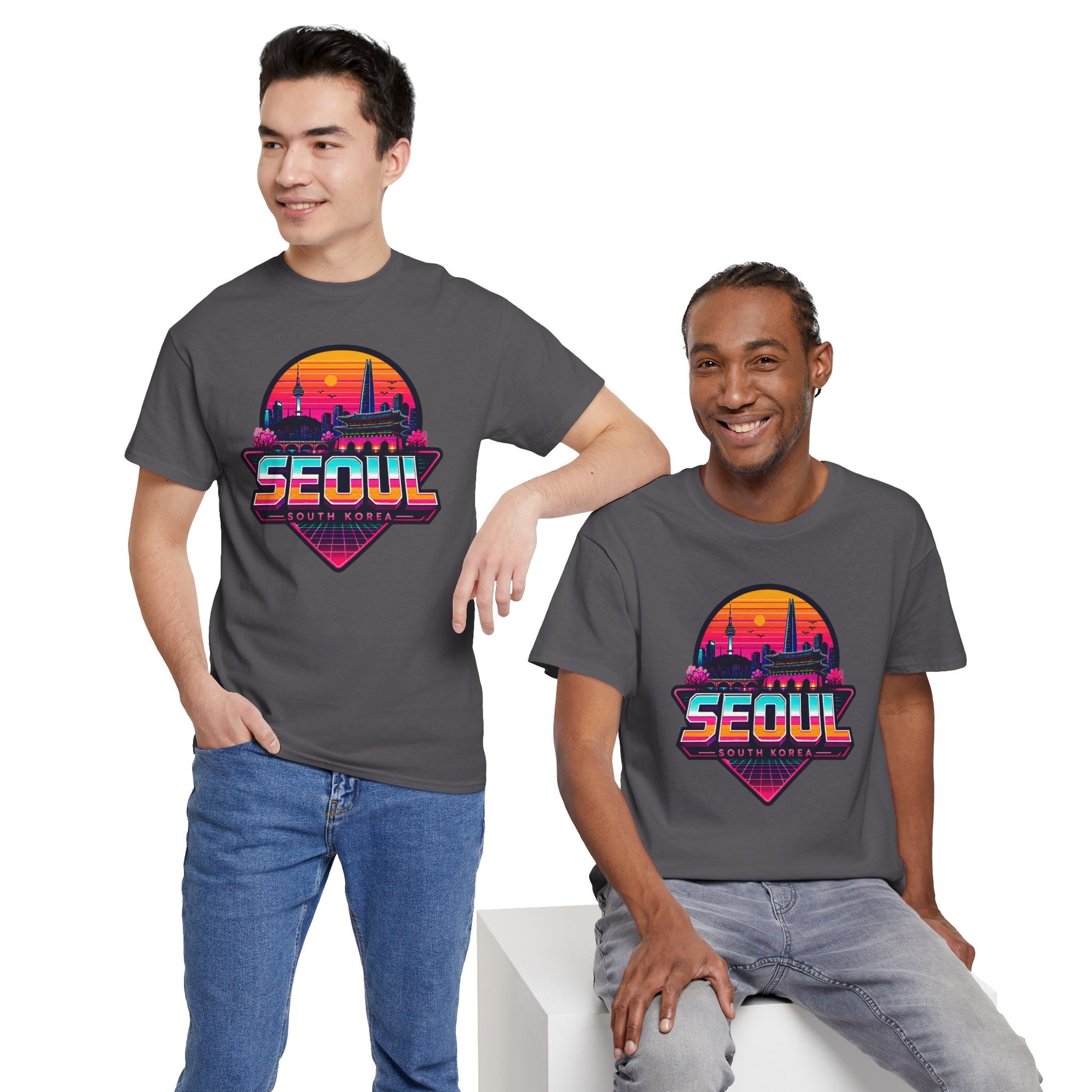 Charcoal dark gray t-shirt with front Seoul city heart skyline graphic, crew neck