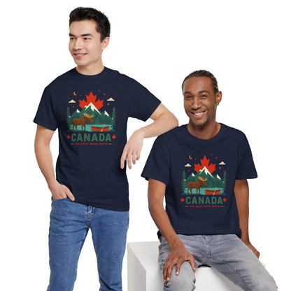 Navy crewneck tee with Canada-themed outdoor graphic, short sleeves
