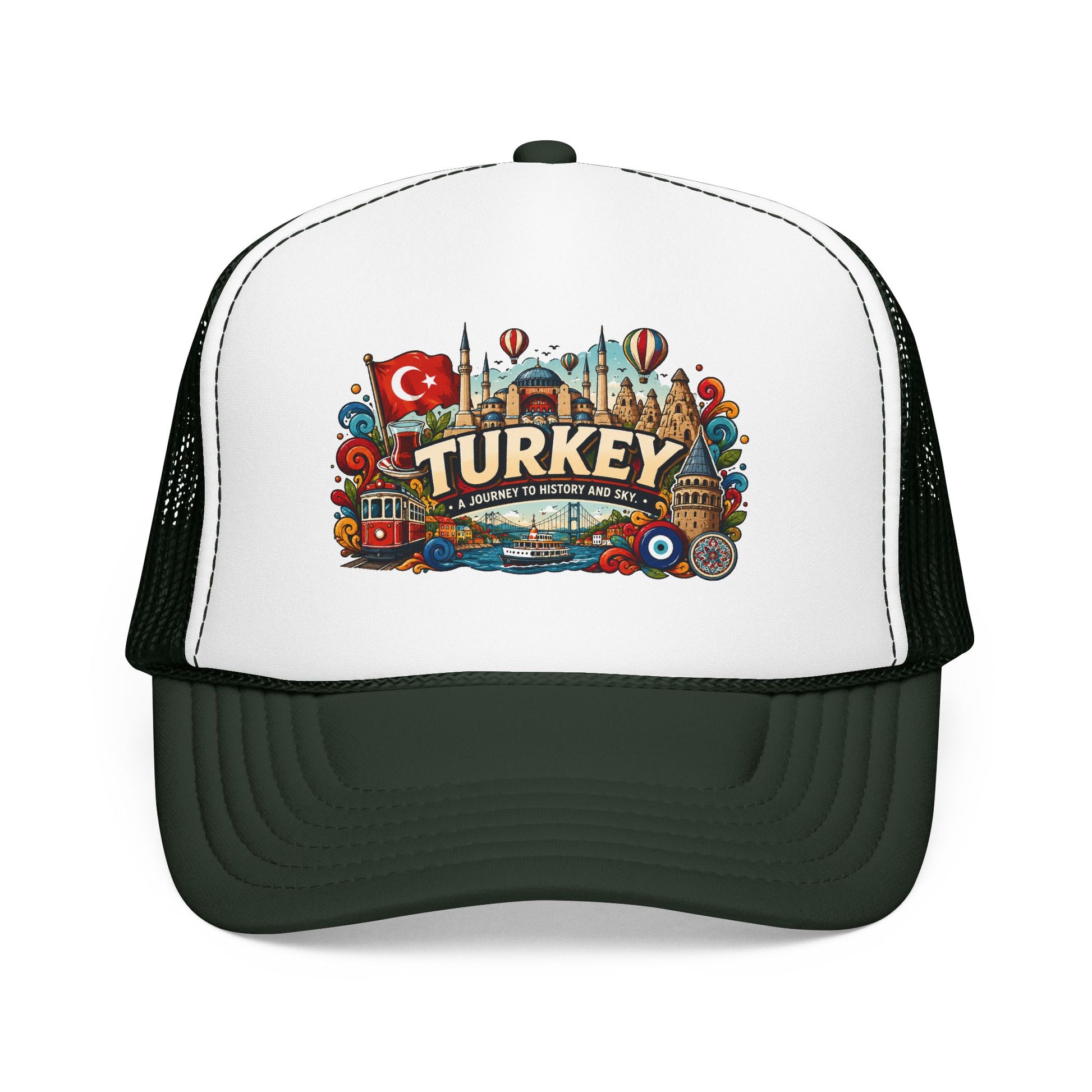 Turkey trucker hat with white front, dark green mesh sides, and Turkey graphic patch