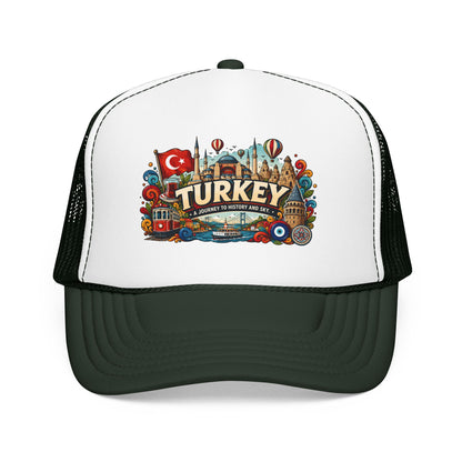Turkey trucker hat with white front, dark green mesh sides, and Turkey graphic patch