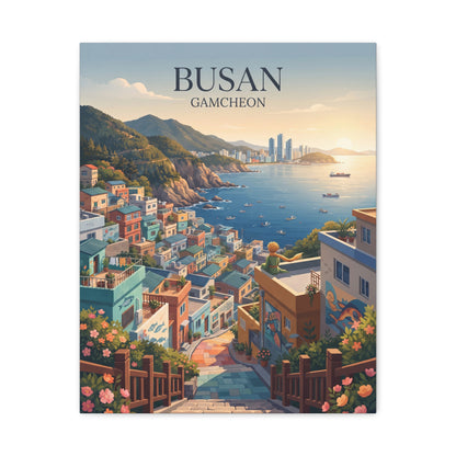 Matte canvas wall art, vertical: BUSAN GAMCHEON coastal steps with flowers and houses