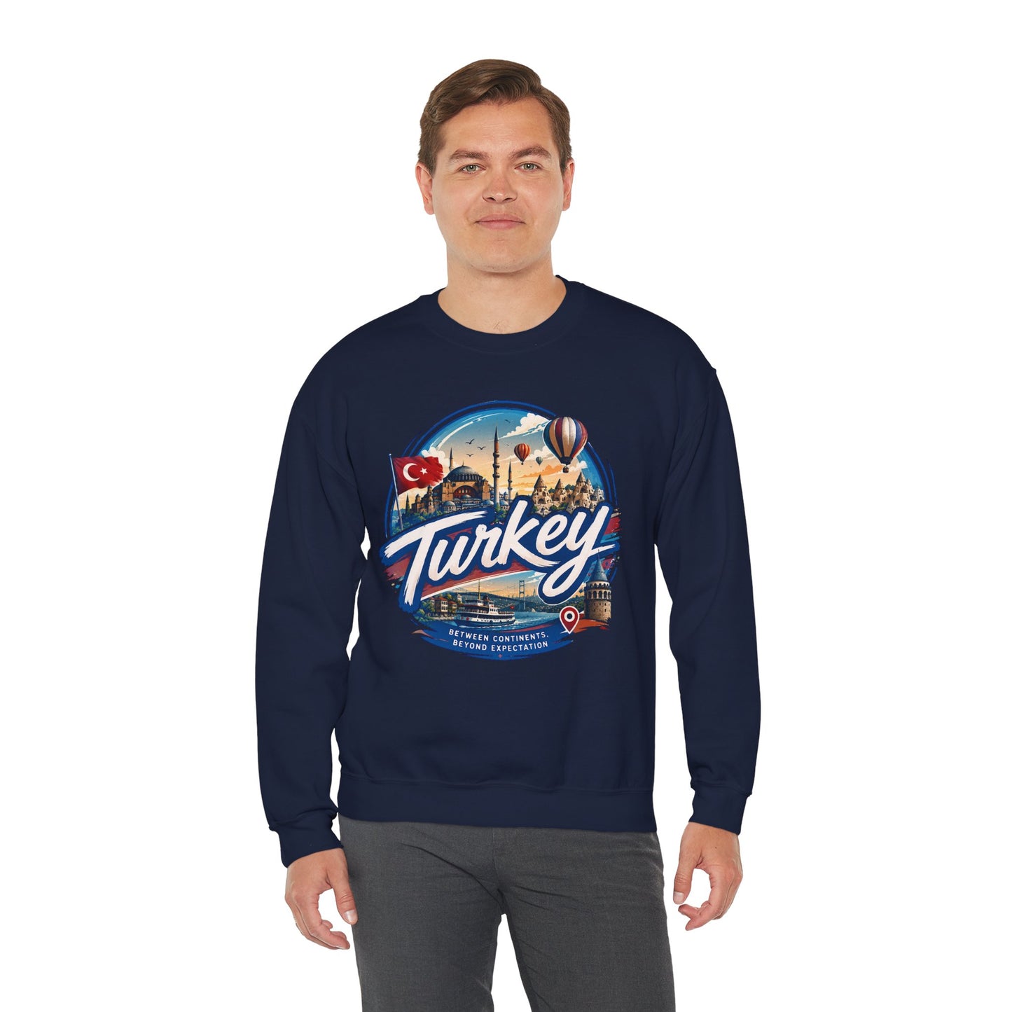 Navy crewneck sweatshirt with retro “Turkey” graphic on the chest