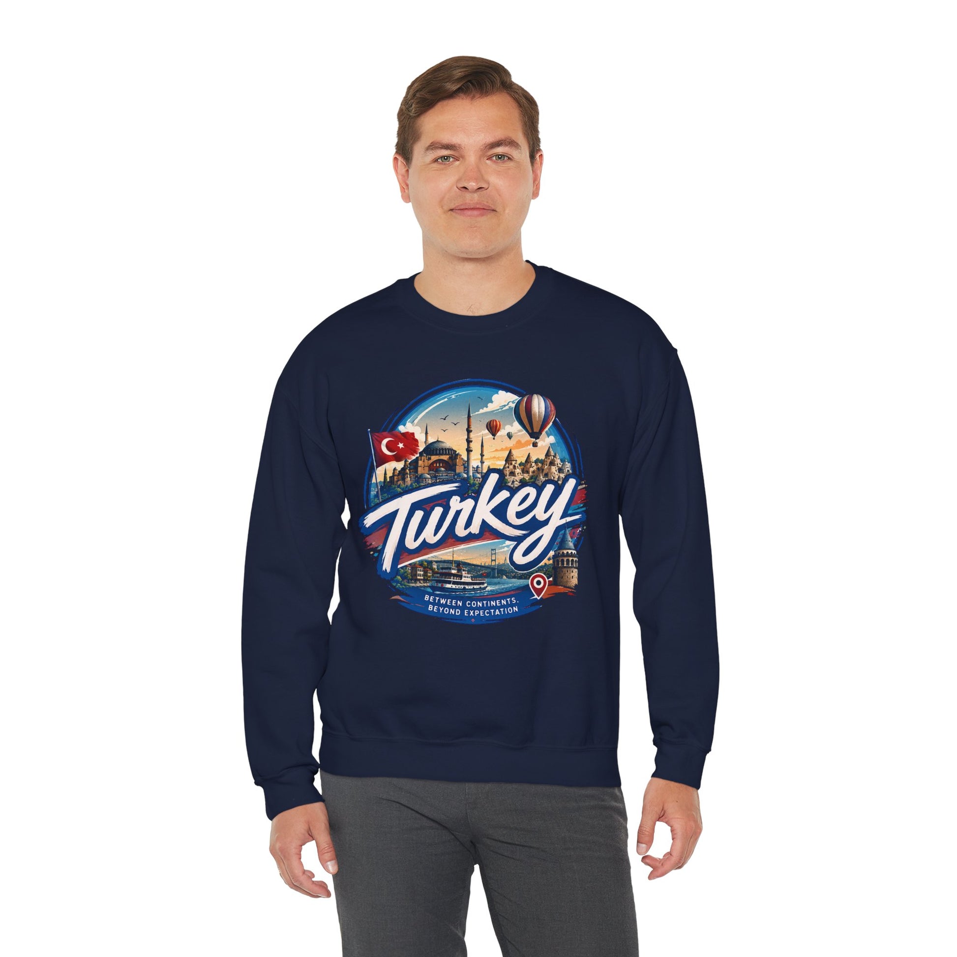Navy crewneck sweatshirt with retro “Turkey” graphic on the chest