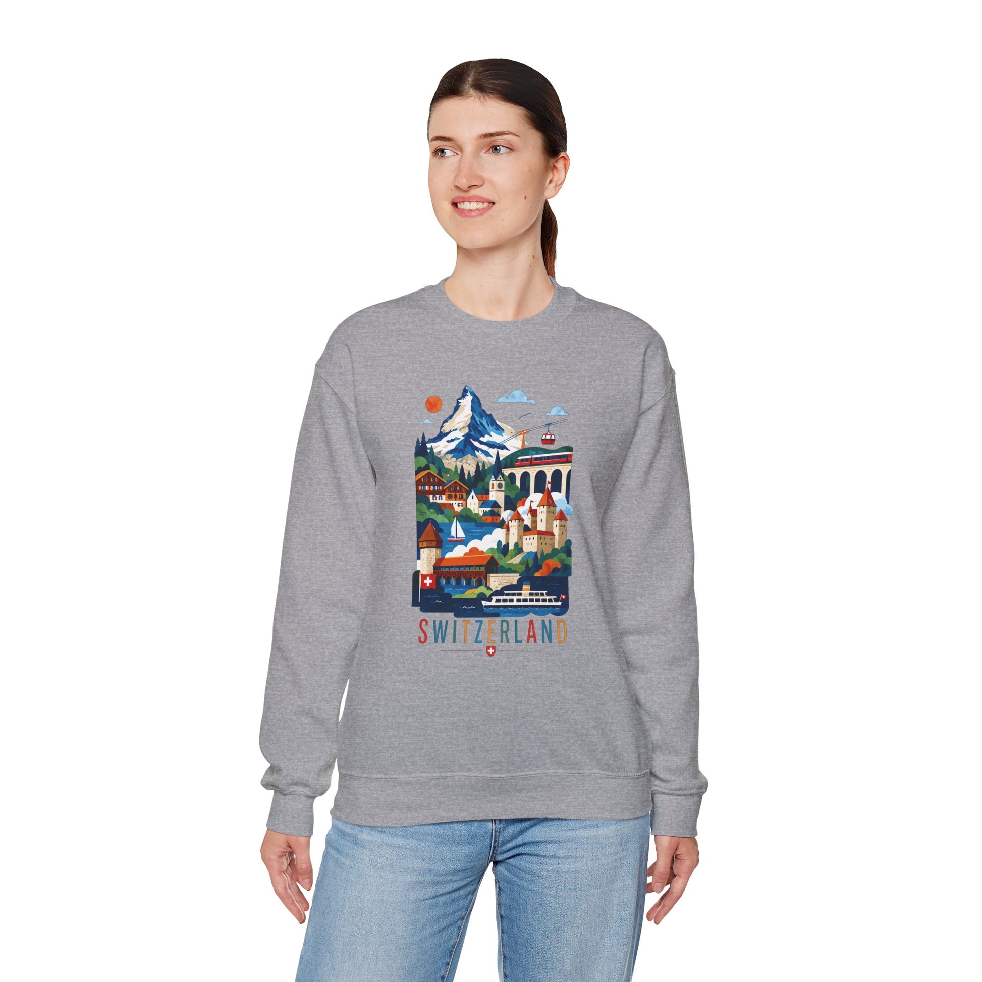 Light gray crewneck sweatshirt with colorful Switzerland landscape graphic on front.