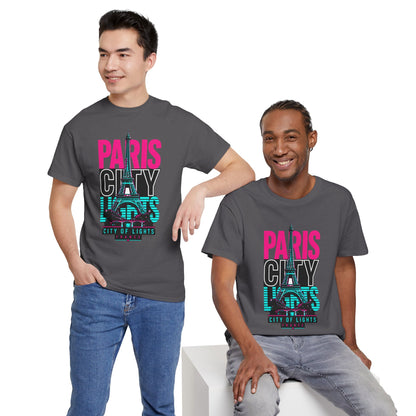 Charcoal unisex travel T-shirt, Paris neon graphic with Eiffel Tower and City of Lights text
